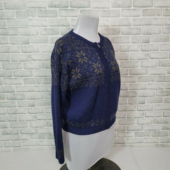 Vintage 90s Y2K Gap Size M Blue Wool Full Zip Cardigan Sweater Snowflake Pattern - Picture 4 of 7